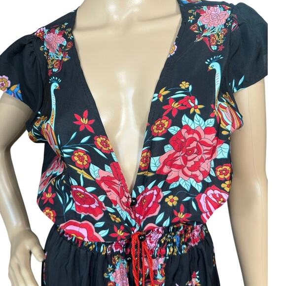 Women's Small Boho Peacock Floral V Neck Hi Low Ruffle Button Down Maxi Dress - Picture 11 of 16